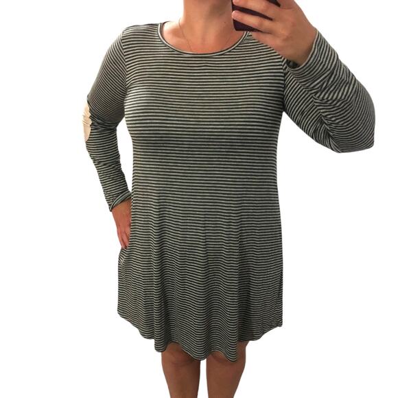 Sweet Claire MEDIUM Striped Elbow Patch Back Button Long Sleeve T-shirt Dress - Picture 2 of 13